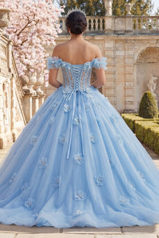Himmelblau Blumen Lang Korsett Prinzessin Rüschen Quinceañera-Kleid mit Perlen