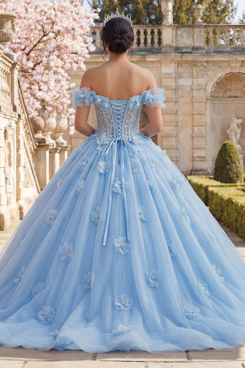 Laden Sie das Bild in den Galerie-Viewer, Himmelblau Blumen Lang Korsett Prinzessin Rüschen Quinceañera-Kleid mit Perlen