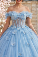 Laden Sie das Bild in den Galerie-Viewer, Himmelblau Blumen Lang Korsett Prinzessin Rüschen Quinceañera-Kleid mit Perlen