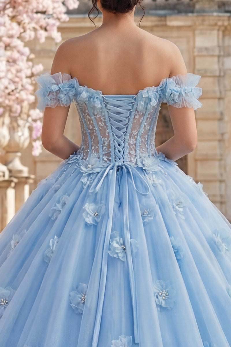 Laden Sie das Bild in den Galerie-Viewer, Himmelblau Blumen Lang Korsett Prinzessin Rüschen Quinceañera-Kleid mit Perlen