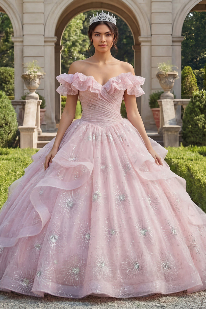 Laden Sie das Bild in den Galerie-Viewer, Rosa Prinzessin Paillette Lang Gerafft Quinceañera-Kleid mit Rüschen