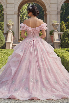 Rosa Prinzessin Paillette Lang Gerafft Quinceañera-Kleid mit Rüschen