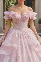 Laden Sie das Bild in den Galerie-Viewer, Rosa Prinzessin Paillette Lang Gerafft Quinceañera-Kleid mit Rüschen