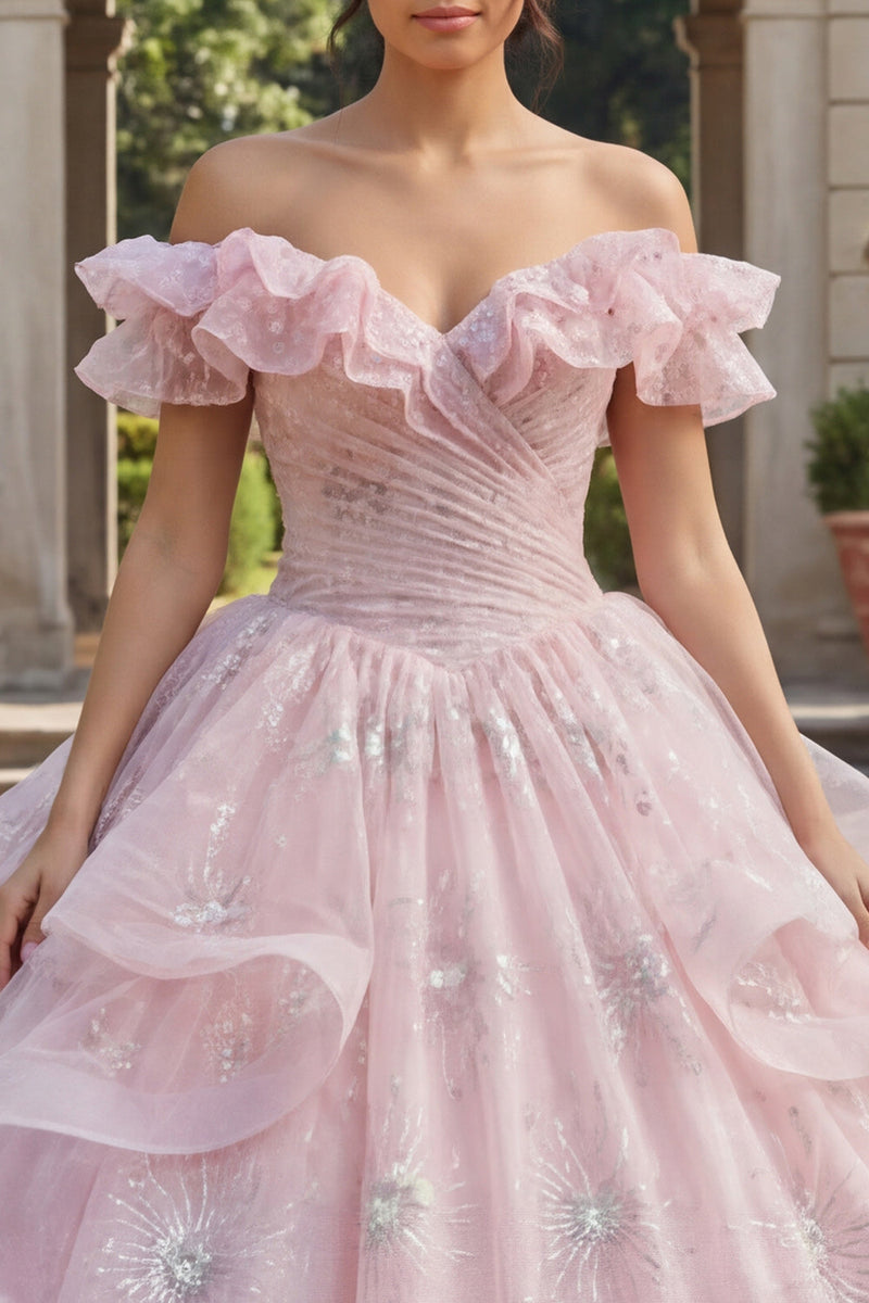 Laden Sie das Bild in den Galerie-Viewer, Rosa Prinzessin Paillette Lang Gerafft Quinceañera-Kleid mit Rüschen