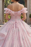 Laden Sie das Bild in den Galerie-Viewer, Rosa Prinzessin Paillette Lang Gerafft Quinceañera-Kleid mit Rüschen