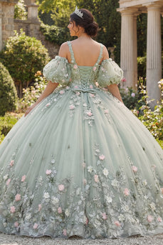 Salbeigrün V-Ausschnitt Prinzessin Puffärmel Blumen Lang Quinceañera-Kleid