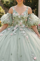 Laden Sie das Bild in den Galerie-Viewer, Salbeigrün V-Ausschnitt Prinzessin Puffärmel Blumen Lang Quinceañera-Kleid