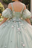 Laden Sie das Bild in den Galerie-Viewer, Salbeigrün V-Ausschnitt Prinzessin Puffärmel Blumen Lang Quinceañera-Kleid