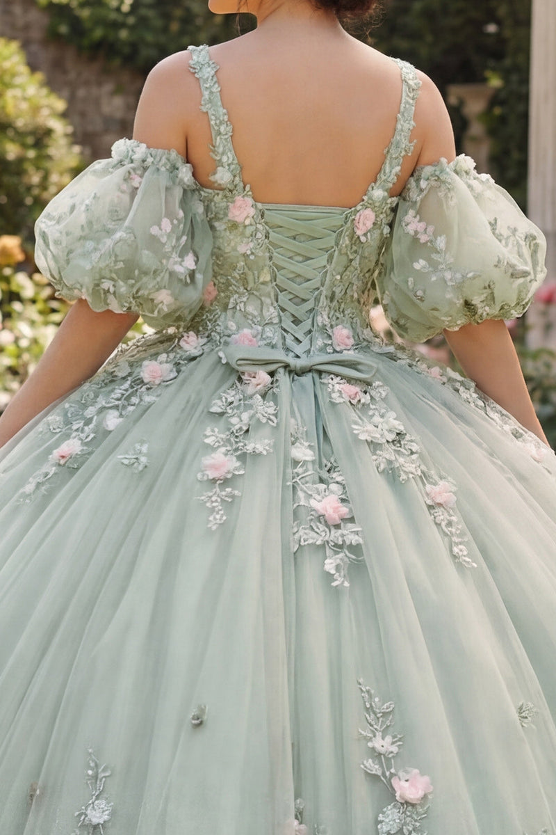 Laden Sie das Bild in den Galerie-Viewer, Salbeigrün V-Ausschnitt Prinzessin Puffärmel Blumen Lang Quinceañera-Kleid