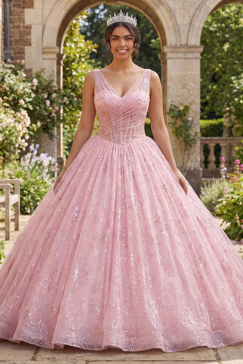 Laden Sie das Bild in den Galerie-Viewer, Glitzerndes Rosa Prinzessin Paillette Lang Gerafft Korsett Blumen Quinceañera-Kleid