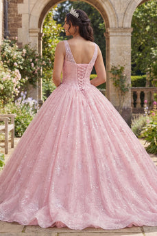 Glitzerndes Rosa Prinzessin Paillette Lang Gerafft Korsett Blumen Quinceañera-Kleid