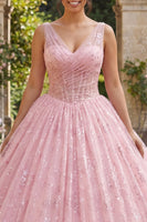 Laden Sie das Bild in den Galerie-Viewer, Glitzerndes Rosa Prinzessin Paillette Lang Gerafft Korsett Blumen Quinceañera-Kleid