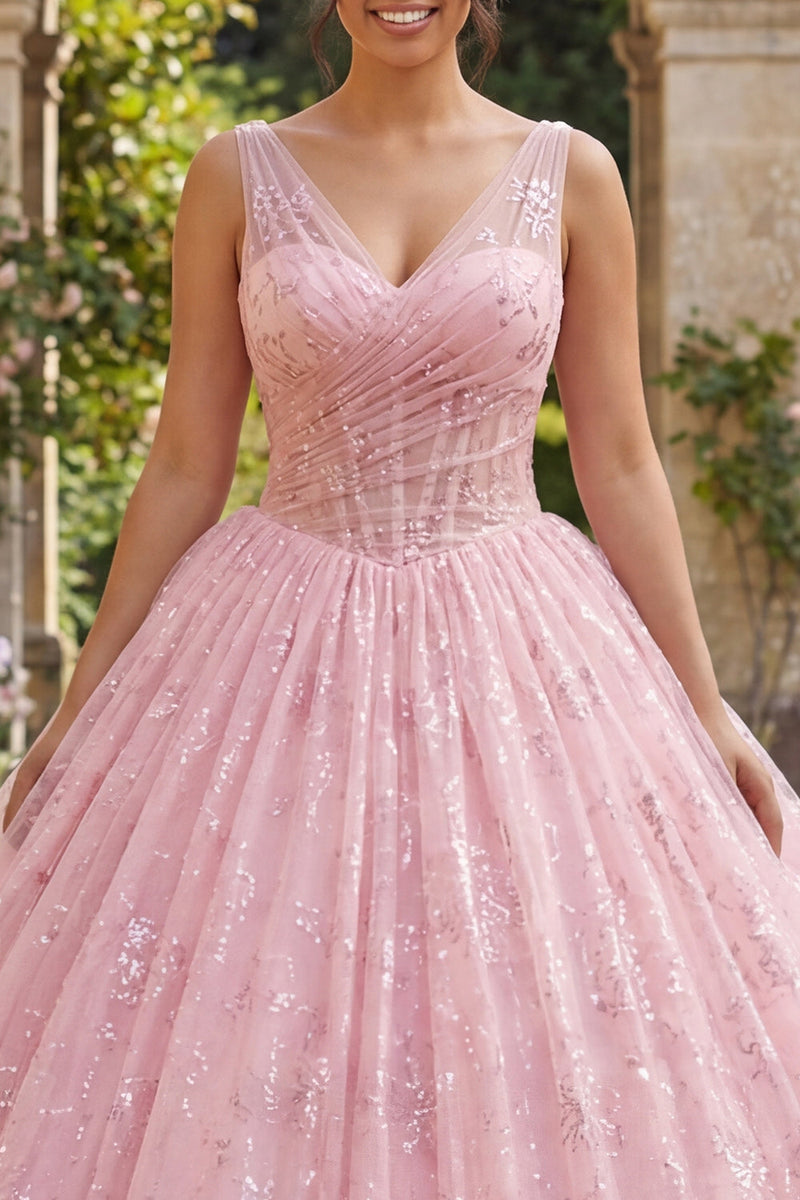 Laden Sie das Bild in den Galerie-Viewer, Glitzerndes Rosa Prinzessin Paillette Lang Gerafft Korsett Blumen Quinceañera-Kleid