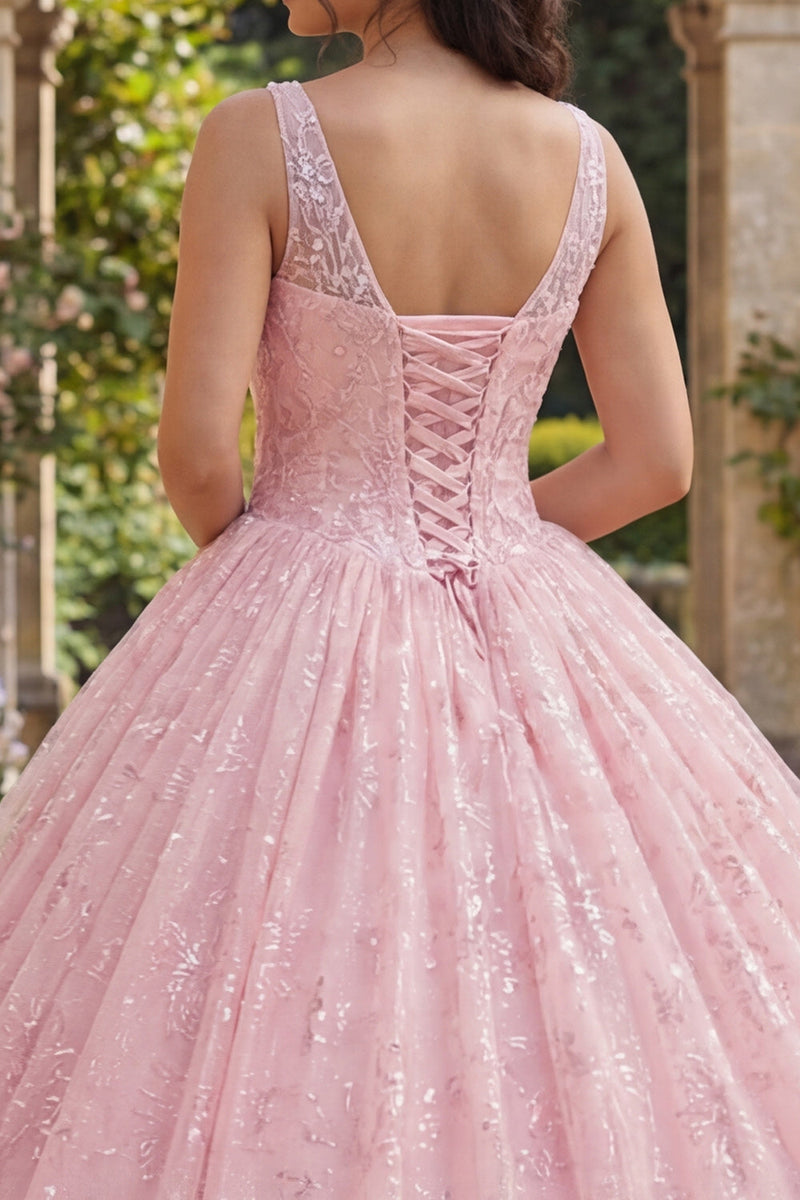 Laden Sie das Bild in den Galerie-Viewer, Glitzerndes Rosa Prinzessin Paillette Lang Gerafft Korsett Blumen Quinceañera-Kleid