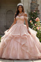 Laden Sie das Bild in den Galerie-Viewer, Paillette Perlenverziert Lang Korsett Glitzerndes Rosa Prinzessin Quinceañera-Kleid mit Rüschen