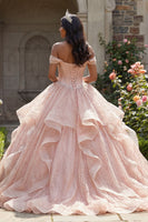 Laden Sie das Bild in den Galerie-Viewer, Paillette Perlenverziert Lang Korsett Glitzerndes Rosa Prinzessin Quinceañera-Kleid mit Rüschen