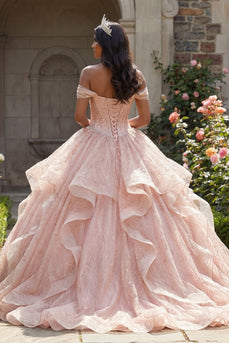 Paillette Perlenverziert Lang Korsett Glitzerndes Rosa Prinzessin Quinceañera-Kleid mit Rüschen