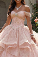Laden Sie das Bild in den Galerie-Viewer, Paillette Perlenverziert Lang Korsett Glitzerndes Rosa Prinzessin Quinceañera-Kleid mit Rüschen