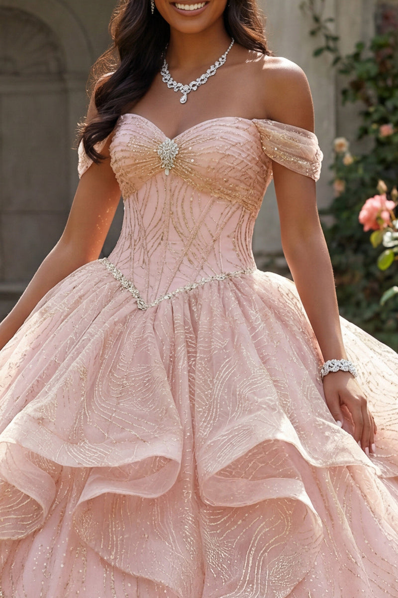 Laden Sie das Bild in den Galerie-Viewer, Paillette Perlenverziert Lang Korsett Glitzerndes Rosa Prinzessin Quinceañera-Kleid mit Rüschen