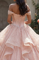 Laden Sie das Bild in den Galerie-Viewer, Paillette Perlenverziert Lang Korsett Glitzerndes Rosa Prinzessin Quinceañera-Kleid mit Rüschen