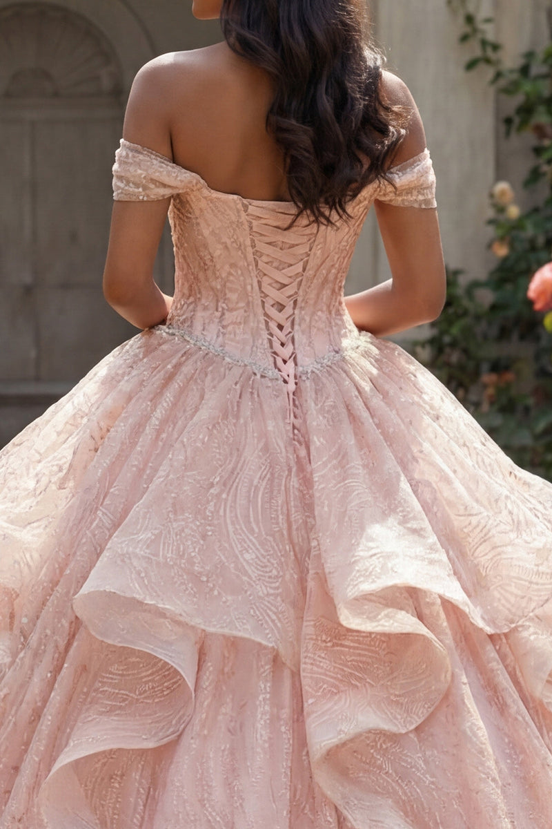Laden Sie das Bild in den Galerie-Viewer, Paillette Perlenverziert Lang Korsett Glitzerndes Rosa Prinzessin Quinceañera-Kleid mit Rüschen