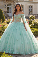 Laden Sie das Bild in den Galerie-Viewer, Hellgrün Perlenverziert Blumen Lang Korsett Prinzessin Quinceañera-Kleid mit Cape