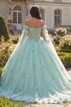 Hellgrün Perlenverziert Blumen Lang Korsett Prinzessin Quinceañera-Kleid mit Cape
