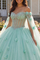Laden Sie das Bild in den Galerie-Viewer, Hellgrün Perlenverziert Blumen Lang Korsett Prinzessin Quinceañera-Kleid mit Cape