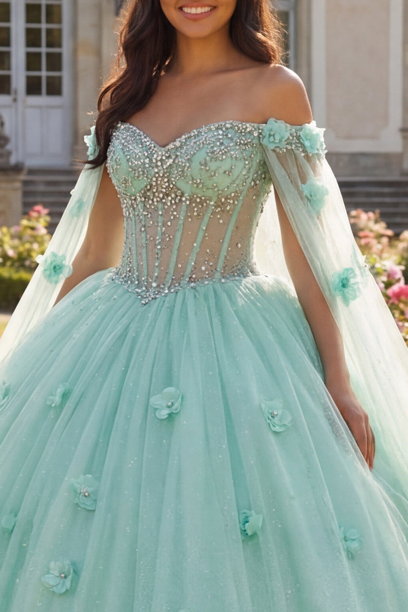 Laden Sie das Bild in den Galerie-Viewer, Hellgrün Perlenverziert Blumen Lang Korsett Prinzessin Quinceañera-Kleid mit Cape