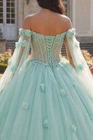 Laden Sie das Bild in den Galerie-Viewer, Hellgrün Perlenverziert Blumen Lang Korsett Prinzessin Quinceañera-Kleid mit Cape