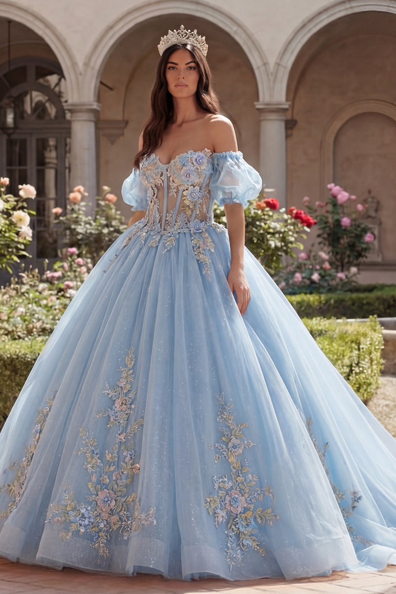 Laden Sie das Bild in den Galerie-Viewer, Lang Puffärmel Himmelblau Blumen Korsett Glitzer Prinzessin Quinceañera-Kleid