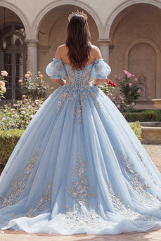 Lang Puffärmel Himmelblau Blumen Korsett Glitzer Prinzessin Quinceañera-Kleid