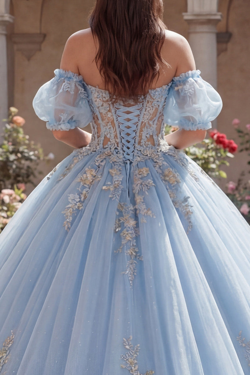 Laden Sie das Bild in den Galerie-Viewer, Lang Puffärmel Himmelblau Blumen Korsett Glitzer Prinzessin Quinceañera-Kleid