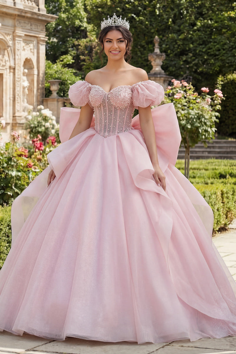Laden Sie das Bild in den Galerie-Viewer, Rosa Blumen Lang Korsett Puffärmel Prinzessin Rüschen Quinceañera-Kleid mit Perlen