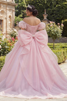 Rosa Blumen Lang Korsett Puffärmel Prinzessin Rüschen Quinceañera-Kleid mit Perlen