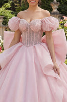 Laden Sie das Bild in den Galerie-Viewer, Rosa Blumen Lang Korsett Puffärmel Prinzessin Rüschen Quinceañera-Kleid mit Perlen