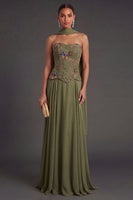 Laden Sie das Bild in den Galerie-Viewer, Leely Women A Line Olive Appliqued Floral Long Formal Wedding Guest Dress with Neck Scarf Strapless Embellished Dress Alternative Wedding Guest Dress Christmas Party Dress
