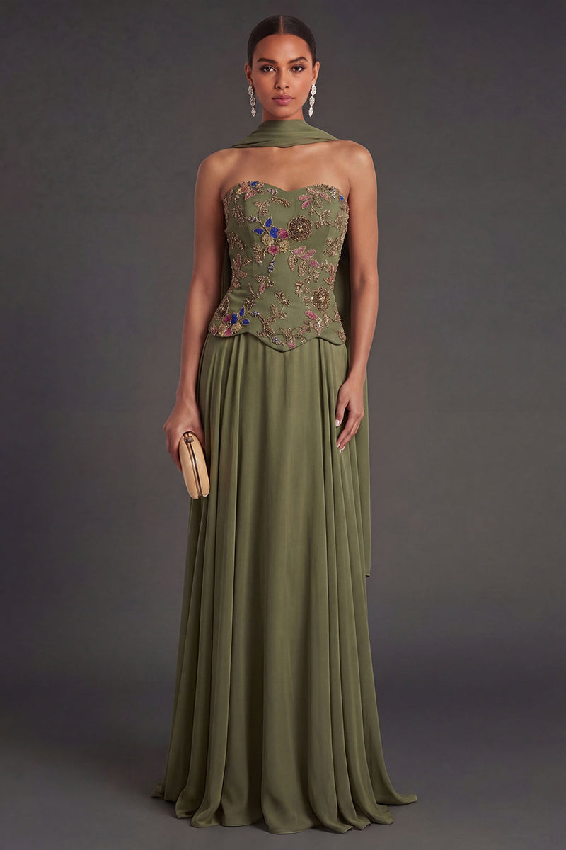 Laden Sie das Bild in den Galerie-Viewer, Leely Women A Line Olive Appliqued Floral Long Formal Wedding Guest Dress with Neck Scarf Strapless Embellished Dress Alternative Wedding Guest Dress Christmas Party Dress