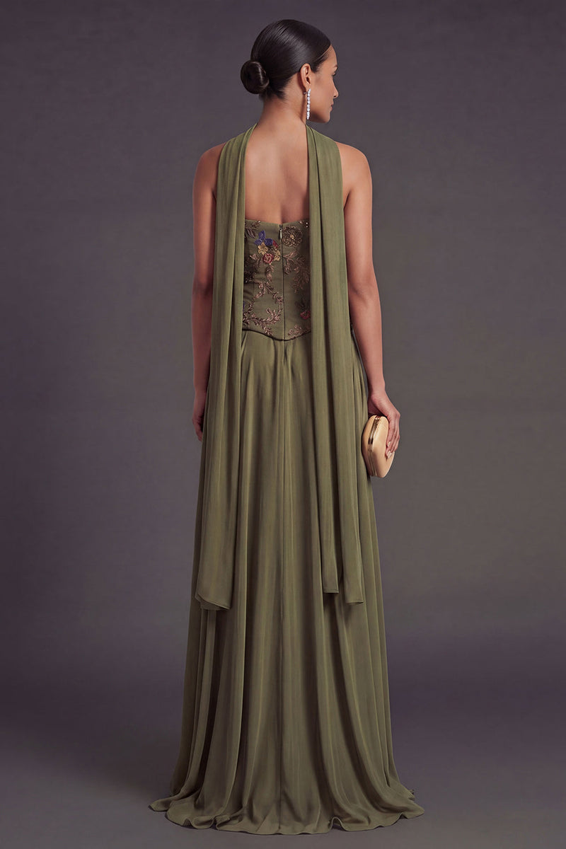 Laden Sie das Bild in den Galerie-Viewer, A-Linien Olivgrün Applikationen Blumenmuster Langes Abendkleid