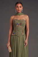 Laden Sie das Bild in den Galerie-Viewer, A-Linien Olivgrün Applikationen Blumenmuster Langes Abendkleid