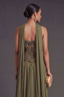Laden Sie das Bild in den Galerie-Viewer, A-Linien Olivgrün Applikationen Blumenmuster Langes Abendkleid