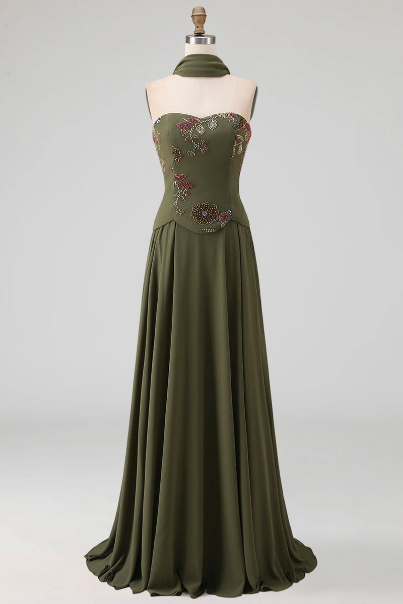 Laden Sie das Bild in den Galerie-Viewer, A-Linien Olivgrün Applikationen Blumenmuster Langes Abendkleid