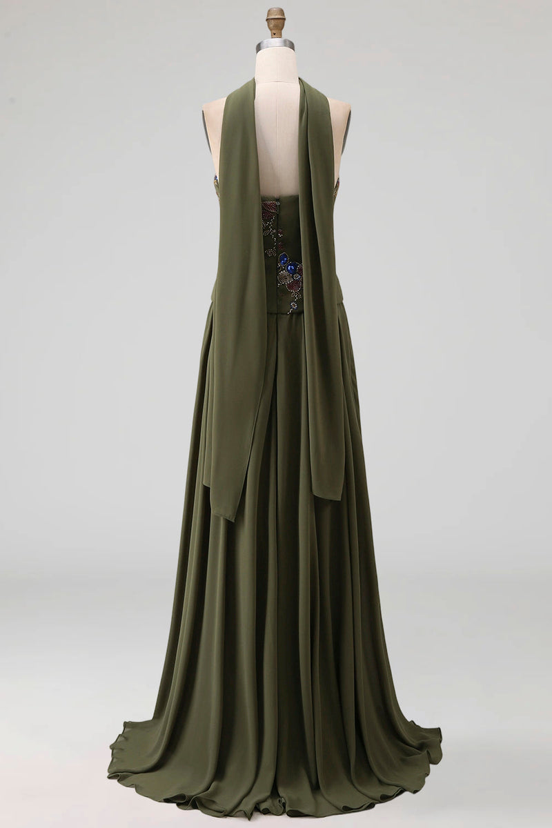 Laden Sie das Bild in den Galerie-Viewer, A-Linien Olivgrün Applikationen Blumenmuster Langes Abendkleid