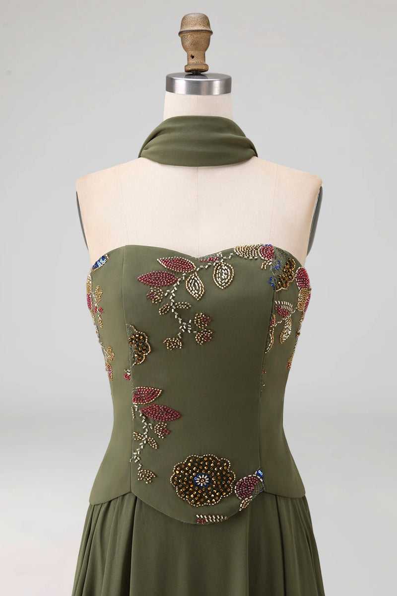 Laden Sie das Bild in den Galerie-Viewer, A-Linien Olivgrün Applikationen Blumenmuster Langes Abendkleid