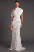 Laden Sie das Bild in den Galerie-Viewer, Leely Women Sparkly Beaded White One Shoulder Long Formal Dress Mermaid Stunning Wedding Guest Dress Black Tie Dress Embellished Dress