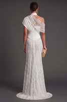 Laden Sie das Bild in den Galerie-Viewer, Leely Women Sparkly Beaded White One Shoulder Long Formal Dress Mermaid Backless Wedding Guest Dress