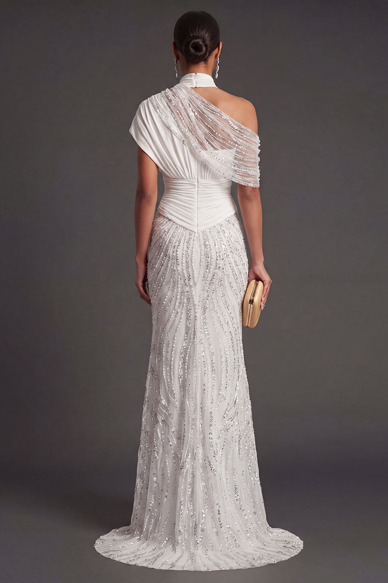 Laden Sie das Bild in den Galerie-Viewer, Leely Women Sparkly Beaded White One Shoulder Long Formal Dress Mermaid Backless Wedding Guest Dress