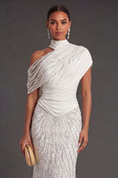 Laden Sie das Bild in den Galerie-Viewer, Leely Women Sparkly Beaded White One Shoulder Long Formal Dress Mermaid Backless Wedding Guest Dress