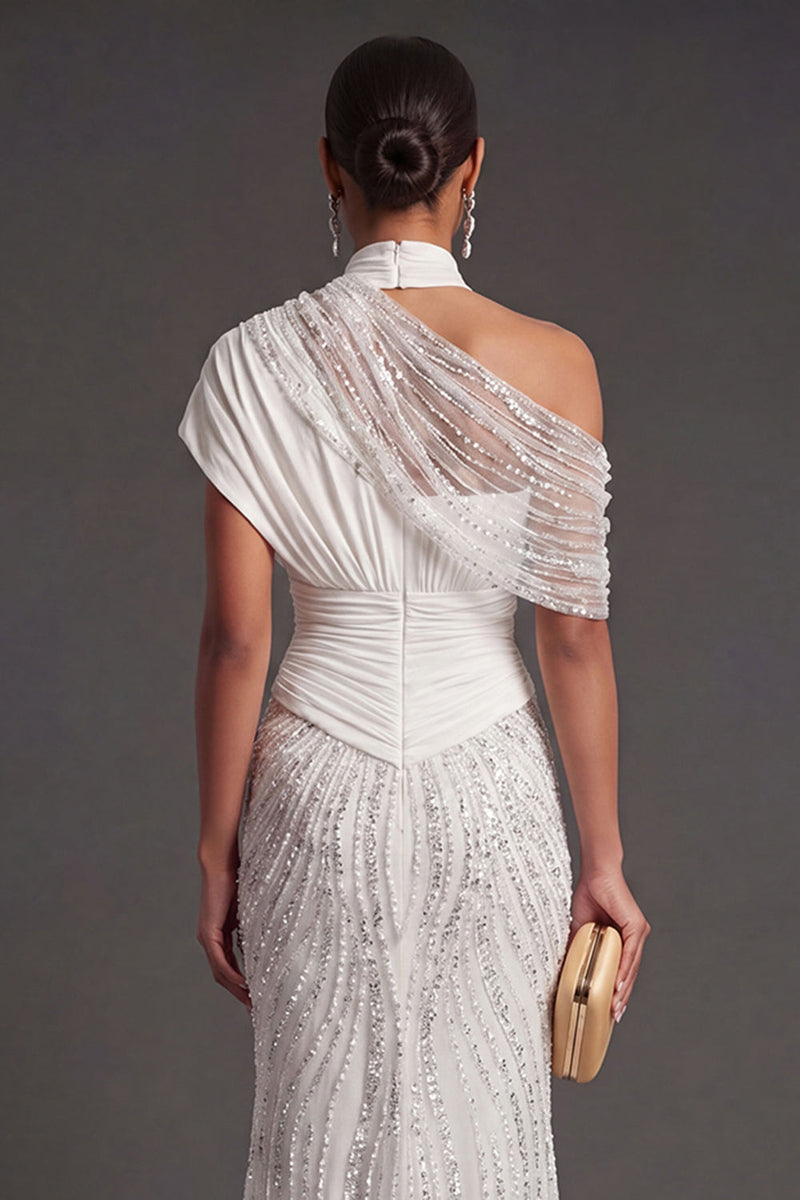 Laden Sie das Bild in den Galerie-Viewer, Leely Women Sparkly Beaded White One Shoulder Long Formal Dress Mermaid Backless Wedding Guest Dress