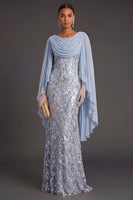 Laden Sie das Bild in den Galerie-Viewer, Leely Women Sky Blue Mermaid Floral Sparkly Long Formal Dress with Cape Cowl Neck Black Tie Dress Alternative Wedding Guest Dress